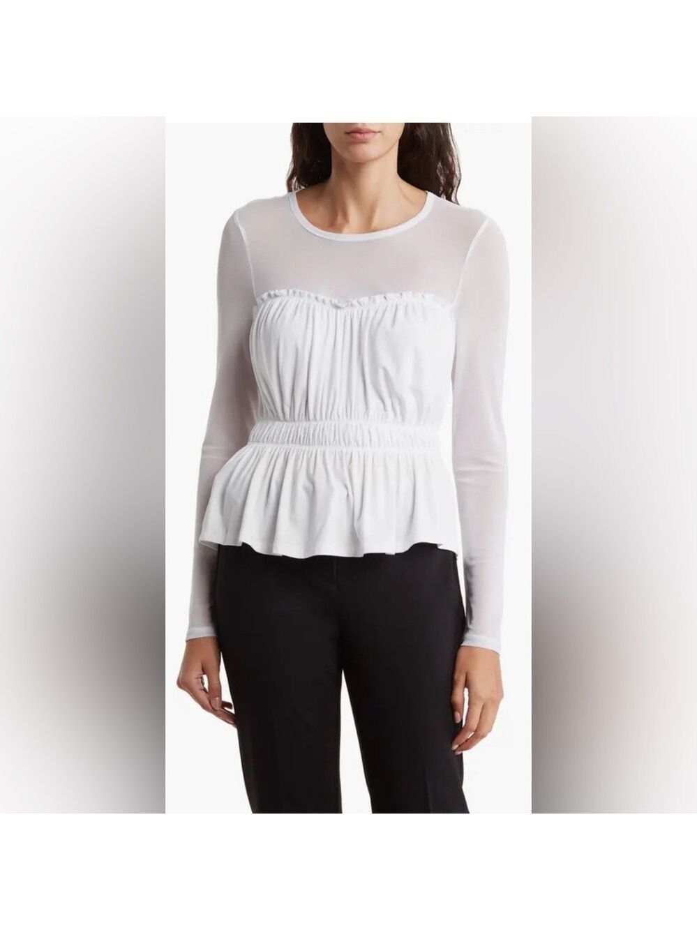 BCBG NWT Mixed Media Sheer and Opaque White Peplum Top Sz Extra Small $78